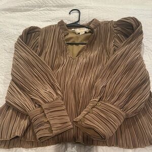 Brown Pleated Blouse with Bishop Sleeves and Mandarin Collar